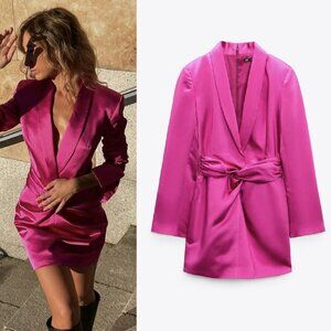 Zara Ruched Satin Barbie Pink Blazer Dress XS